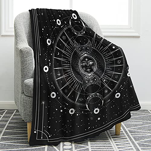 Jekeno Sun Moon Blanket Stars Space Psychedelic Black and White Print Throw Blanket for Couch Bed Sofa Travelling Camping for Kids Adults 50″x60″