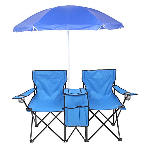 Tesmula Chairs Double Folding Chair with Canopy, Outdoor Portable Sports Chair W/Adjustable Umbrella, Cooler Bag, Side Pocket, Cupholder for Lawn, Picnic, Foldable Beach Chair