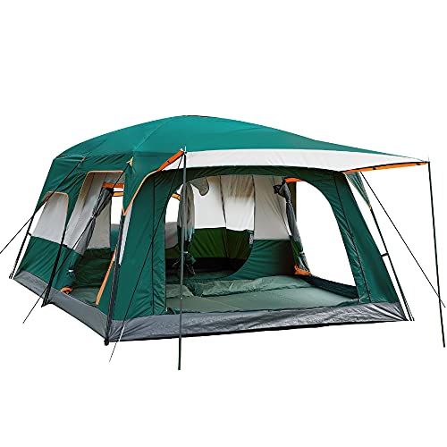 KTT Extra Large Tent 12 Person(Style-A),Family Cabin Tents,2 Rooms,Straight Wall,3 Doors and 3 Window with Mesh,Waterproof,Double Layer,Big Tent for Outdoor,Picnic,Camping,Family,Friends Gathering.