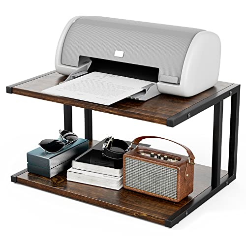 XBurmo Printer Stand with 2 Tier Wood Shelves Desktop Organizer for Small Space Fax Machine Shelf Stand Books Trays Under Desk Shelf with Adjustable Anti-Skid Feet Vintage Brown
