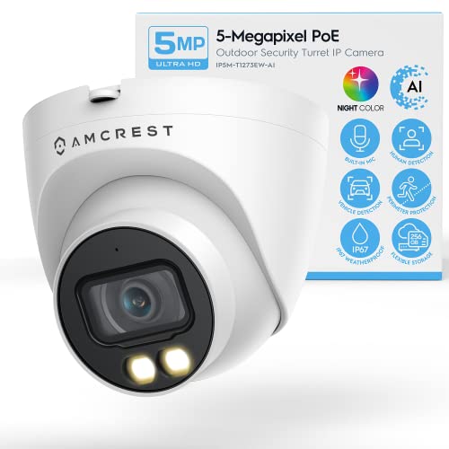 Amcrest Night Color AI Turret IP PoE Camera w/ 98ft Full Color Nightvision, Security IP Camera Outdoor, Built-in Microphone, Human & Vehicle Detection, 98° FOV, 5MP@20fps IP5M-T1273EW-AI