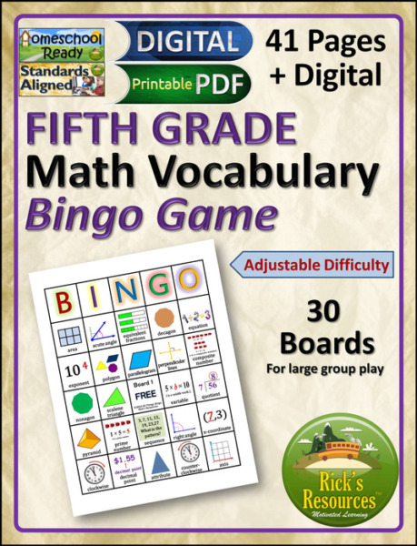 Math Vocabulary Bingo Game 5th Grade Print and Digital Versions