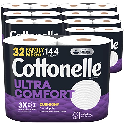 Cottonelle Ultra Comfort Toilet Paper with Cushiony CleaningRipples Texture, 32 Family Mega Rolls (32 Family Mega Rolls = 144 Regular Rolls) (8 Packs of 4 Rolls) 325 Sheets per Roll