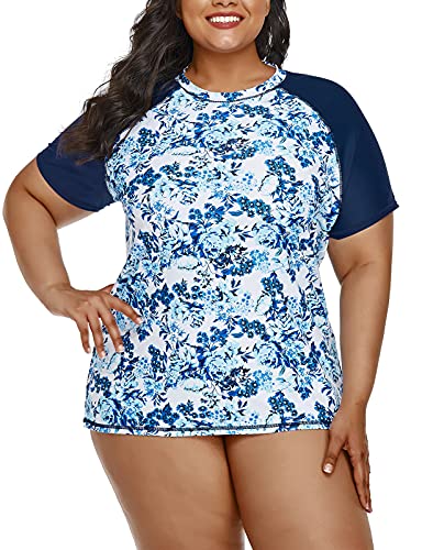 Inno Women’s Plus Size Rash Guard Shirt Short Sleeve UPF 50+ Swimwear Workout Top, Blue Floral, 2X