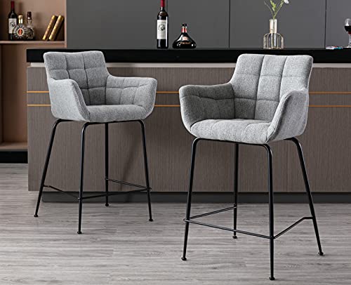 CIMOTA Grey Counter Height Bar Stools with Back Set of 2, Upholstered 24 26 Inches Counter Stools Chairs, Comfy Kitchen Island Chairs with Arm for Home Kitchen Bar/Pub/Cafe