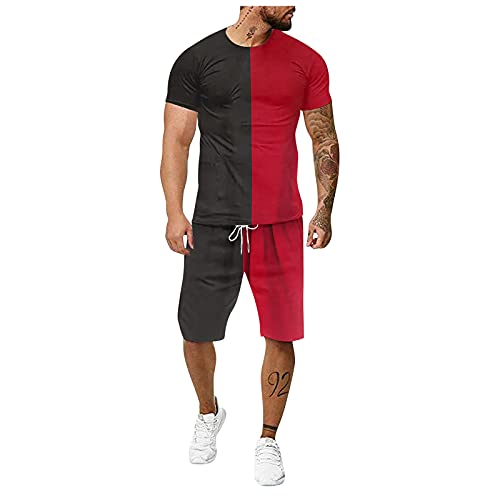 AMTF 2021 Men 2 Piece Sets,Patchwork Sweatsuits,Summer Casual Crew Neck Muscle Short Sleeve Tee Shirts Tops and Classic Drawstring Fit Sport Shorts Set,Summer Mens Outdoor Fitness Tracksuit Suits