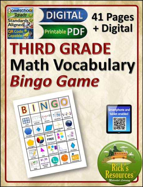 Math Vocabulary Bingo Game 3rd Grade Print and Digital Versions