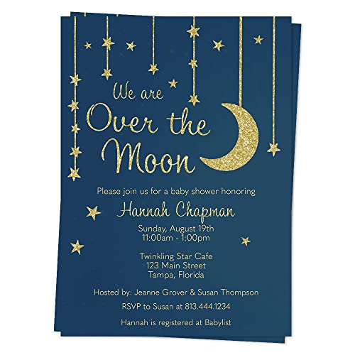 Over the Moon Baby Shower Invitation Twinkle Little Star Invites We’re We Are Over the Moon Twinkling Glitter Navy Gold Boy Printed Cards Customized Personalized Cards (12 Count)