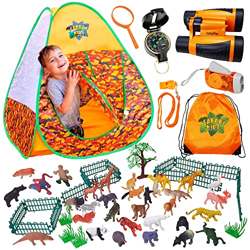 Safari Kidz Outdoor Adventure Tent Set, 53pc Animal kit, Pop up Tent, Binoculars, Flashlight, Compass, Backpack, Whistle, Magnifying Glass