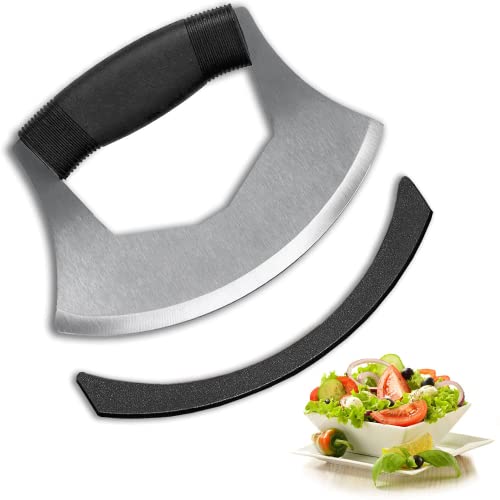 Mezzaluna Knife Salad Chopper, Stainless Steel Blade with Protective Cover – Ergonomic Anti-Slip Handle Vegetable Chopper Mincing Knife for Pizza, Cheese, Onion, Carrot, Pepper, Garlic, Vegetable