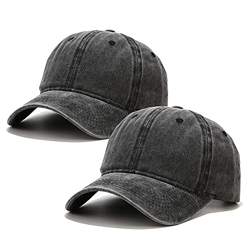 Voilipex Cotton Baseball Cap 2 Pieces Adjustable for Women Men Vintage Low Profile Unstructured Baseball Hat Dad Hat (A Plain Black)