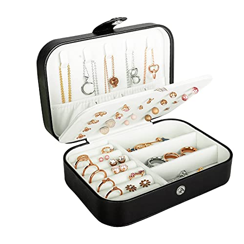 Travel Jewelry Box, PU Leather Small Jewelry Organizer for Women Girls, Double Layer Portable Mini Travel Case Display Storage Holder Boxes for Stud Earrings, Rings, Necklaces, Bracelets (Black)
