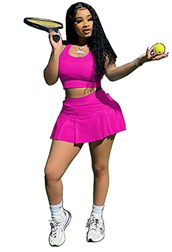 Womens Casual Sports 2 Piece Outfits Skirt Sets Athletic Tank Crop Top Tennis Golf Skorts Skirts Activewear (SM9158-Rose,M)