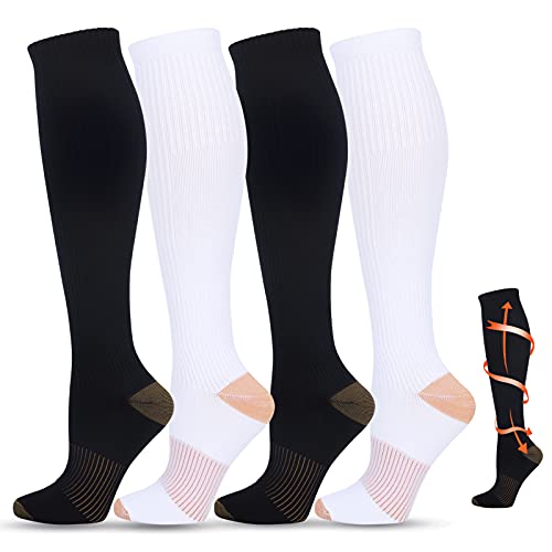 Xmox Compression Socks for Women & Men Circulation, 4 pairs 15-25mmhg (Black/White, Large – X-Large)