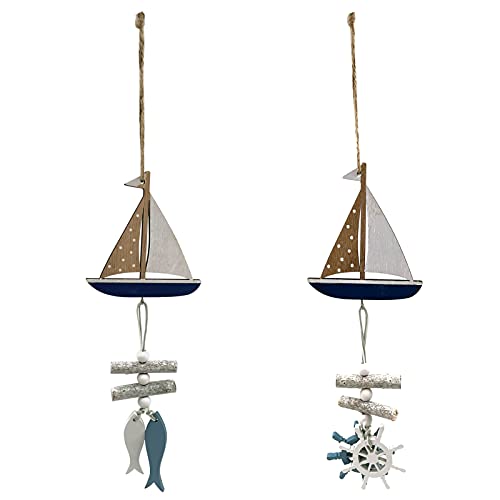 OperSeven 2Pcs Mini Sailboat Pendant Decoration Wooden Miniature Sailing Boat Home Decor Set, Beach Nautical Design Size 12.9X3.3inch