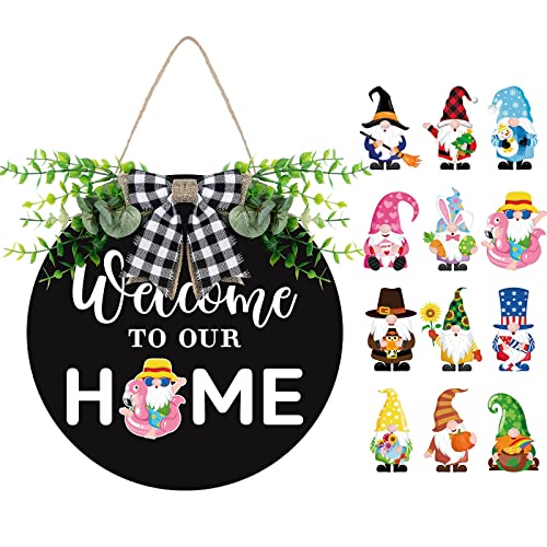 Gnome Wooden Seasonal Welcome Door Sign Interchangeable Welcome to Our Home Round Wood Hanging Front Door Sign with Burlap Bow with 12 Seasonal Ornament for Independence Day Holiday Porch (Black)