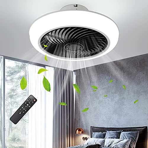 IYUNXI Ceiling Fan with Lights 72W Enclosed Ceiling Fans with Remote 18” 3-Color Light 10-Level Dimming Low Profile Flush Mount Ceiling Fan 3-Gear Wind 7 Blades Smart Timing Modern Bedroom Dining room