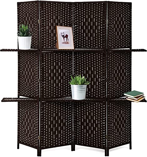 Room Divider 4 Panels Wood Frame Foldable Portable Separator Screen Folding Wall Dividers with Removable Storage Shelves for Home Living Room,Brown