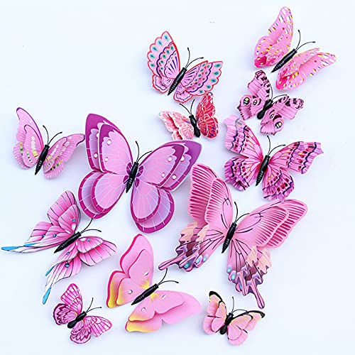 PVC Beautiful 3D Butterfly Wall Decals, 12pcs Removable DIY Home Decorations Double Layer Butterflies Wall Stickers Murals for Garden Bedroom Birthday Party Wedding TV Background Living Room(Pink)