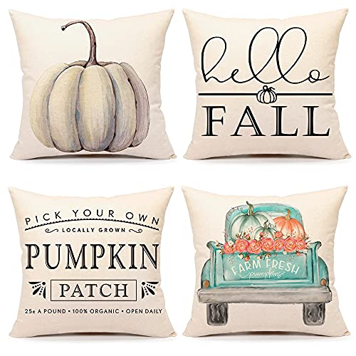 4TH Emotion Fall Decor Pillow Covers 18×18 Set of 4 White Pumpkin Farmhouse Decorations Throw Cushion Case for Fall Thanksgiving Home Decorative Pillows