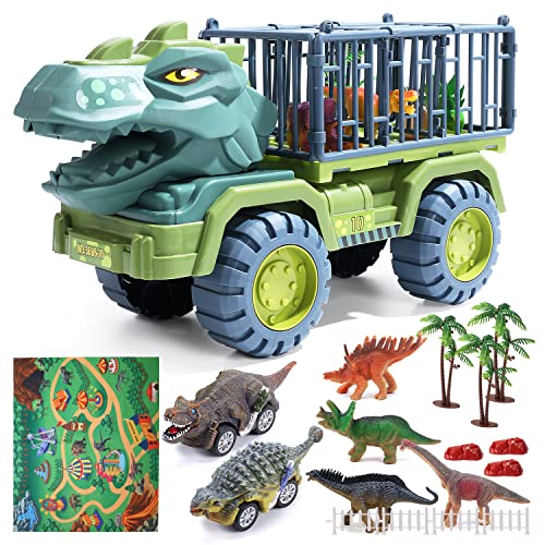 CUTE STONE Dinosaur Truck, Dinosaur Transport Car Carrier Truck with Dinosaur Toys, Friction Powered Cars, Activity Playmat, Dino Car Playset Toys for Kids Boys Grils
