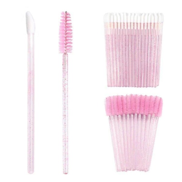 100PCS Glitter Crystal Lip Brush and Glitter Crystal Eyelash Mascara Brushes Wands (Pink)