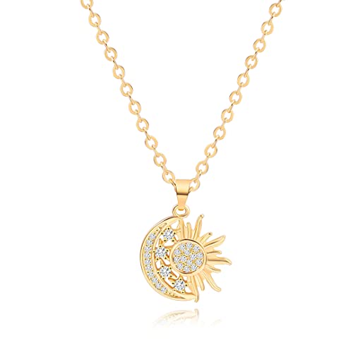18K Gold Cresent Moon Star Sun Pendant Necklaces for Women Dainty Celestial Coin Cute Necklace for Girl layered Chain Necklaces Women Jewelry 18” …