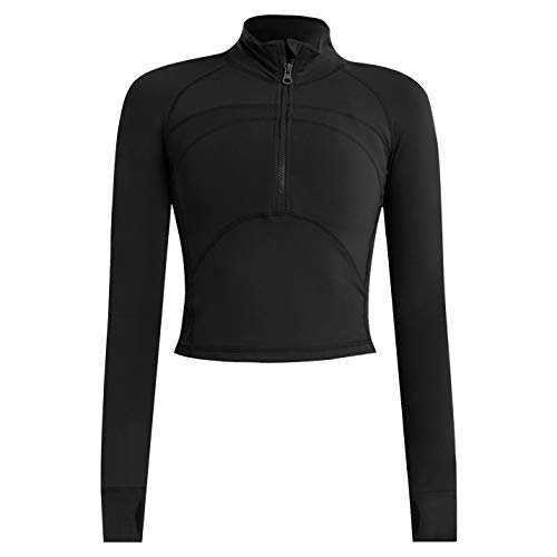 Flygo Women’s Cropped Workout Jacket 1/2 Zip Athletic Yoga Running Pullover Tops with Thumb Hole(Black-S)