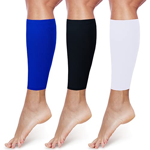 3 Pairs Calf Compression Sleeves for Men And Women Football Leg Sleeve Footless Compression Sock for Running Athlete Cycling (Black, White, Blue, Medium)