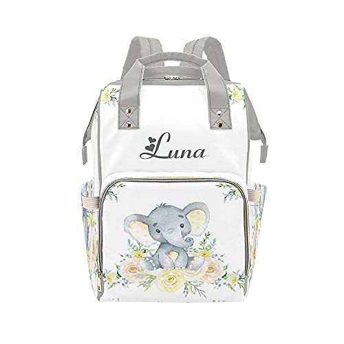 Yellow Flowers Elephant Gray Diaper Bags with Name Waterproof Mummy Backpack Nappy Nursing Baby Bags Gifts Tote Bag for Women