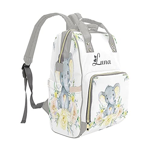 Yellow Flowers Elephant Gray Diaper Bags with Name Waterproof Mummy Backpack Nappy Nursing Baby Bags Gifts Tote Bag for Women | The Storepaperoomates Retail Market - Fast Affordable Shopping