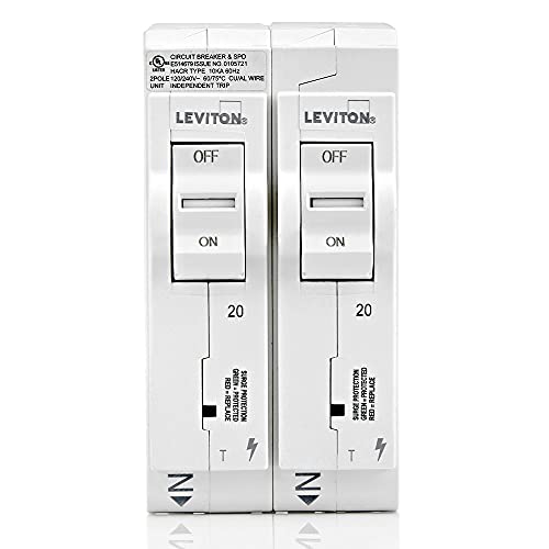 Leviton LSPD2-T Surge Protective Device with Two 20A 1-Pole Plug-On Standard Branch Circuit Breakers, Thermal Magnetic, 120/240 VAC, White