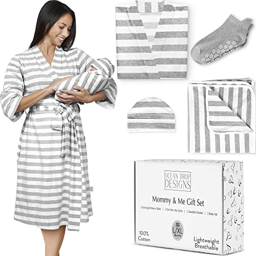 Ocean Drop 100% Cotton Mommy and Me Robe and Swaddle Set – Maternity Robe for Hospital – Delivery Gown for Hospital Maternity 4pc Set (Robe, Socks, Baby Swaddle Blanket, Baby Hat & Gift Box)