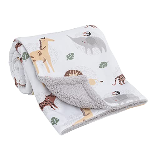 NoJo Jungle Trails Grey, Gold, Green, and White Super Soft Animal Print Sherpa Backed Baby Blanket