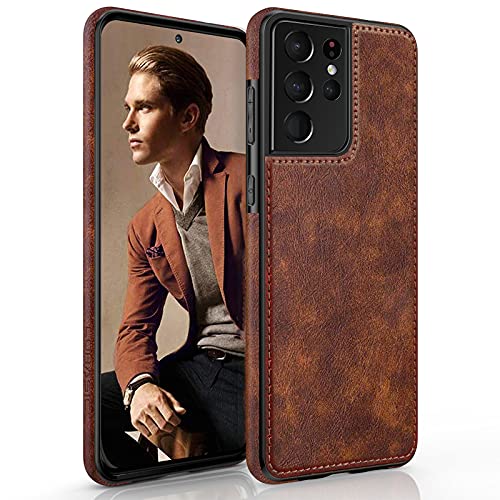LOHASIC for Galaxy S21 Ultra Case, Premium Leather Luxury Business PU Non-Slip Grip Shockproof Bumper Full Body Protective Cover Phone Cases for Samsung Galaxy S21 Ultra 5G 6.8 inch – Brown