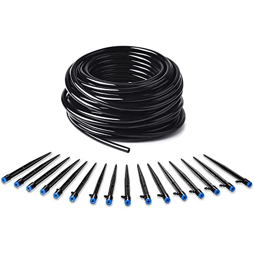 MIXC 100PCS Drip Emitters Fan Shape and 200ft 1/4 inch Irrigation Hose, 200ft Roll Tubing Drip, 360 Degree Sprayer Perfect for Irrigation System Watering Kits for Garden Patio Lawn Flower