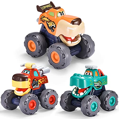 HIEMAO Monster Toy Cars for 1 2 3 4 Year Old Boys, 3 Pack Friction Powered Push & Pull and Go Animal Trucks, Car Toys Vehicles Set for Toddler (Mid Size, Bull/Leopard /Crocodile)