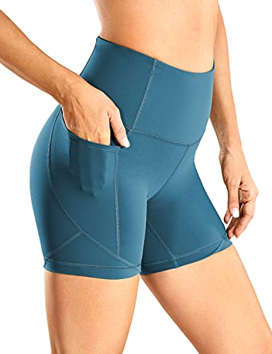 CRZ YOGA Women’s Naked Feeling Biker Shorts – 5 Inches High Waisted Gym Running Compression Spandex Shorts Side Pockets Petrol Blue Medium