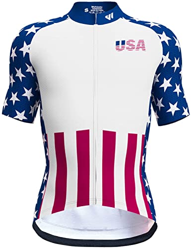 Lo.gas USA Cycling Jersey Men Short Sleeve Bike Biking Shirts American Flag Road Bicycle Clothing Full Zip with Pockets