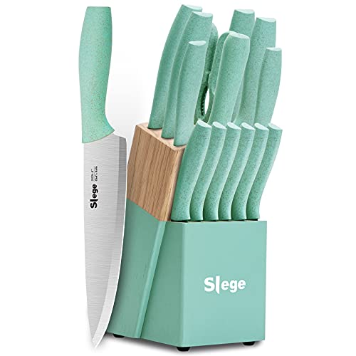 Slege 15pcs Kitchen Knife Set with Block, Sharpener and Scissor, Stainless Steel Knives with Extre-light Straw Handle