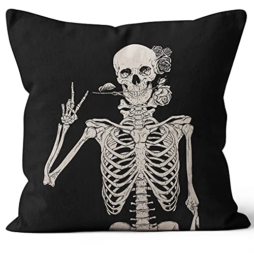 M-Qizi Skull Throw Pillow Case, 18 x 18 Inch, Sugar Skull and Red Rose Decor, Skull Theme Room Decor, Gift Skull Lover, Linen Cushion Cover for Sofa Couch Bed Decor