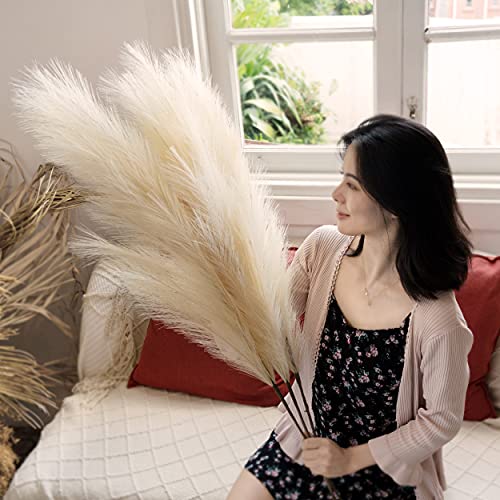 Beautiful Faux Pampas Grass 3 pcs 43″/110cm Beige. with Large Fluffy Tops & Tall Sturdy Stems. Ideal Dried Decor for Vase, Bouquet or Wall Arrangement. Realistic Fake with No Shedding and Allergens