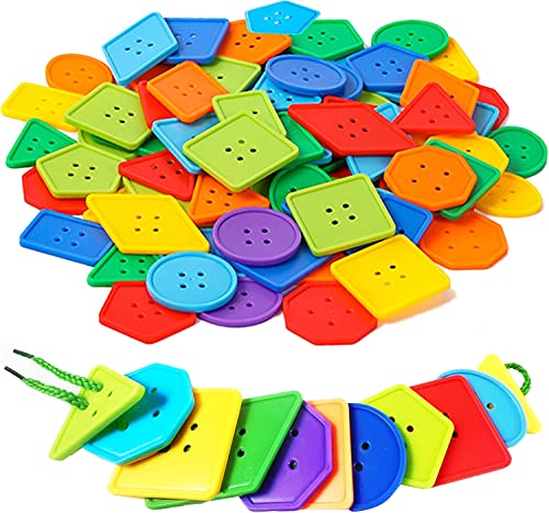 70 Pcs Montessori Lacing Threading Toy – Geometric Shaped Large Beads for Kids Crafts, Preschool Activities and Daycare Toys – Autism Learning Materials and Fine Motor Skills Toys for 3 4 5 6 Year Old