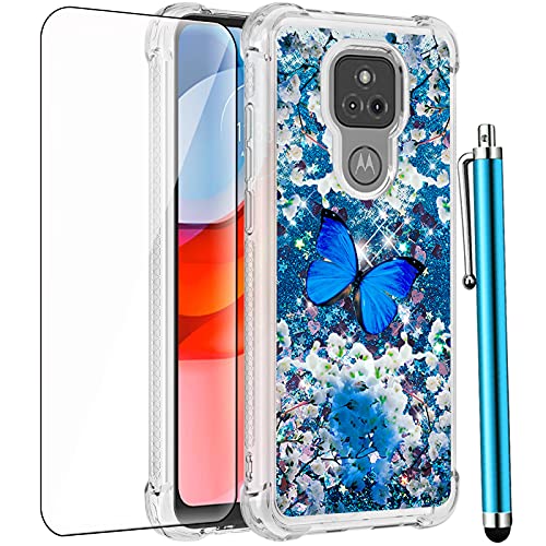 CAIYUNL for Moto G Play 2021 Case with Tempered Glass Screen Protector,Glitter Bling Floating Liquid Sparkle Girls Women Cute Soft TPU Protective Phone Case for Motorola G Play 2021 -Blue Butterfly