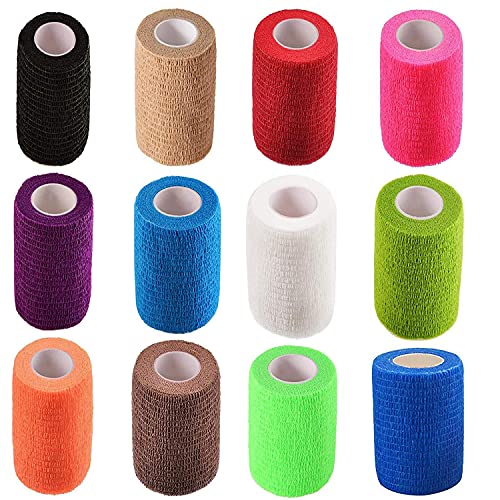 KISEER 12 Pack 3” x 5 Yards Self Adhesive Bandage Assorted Color Breathable Cohesive Bandage Wrap Rolls Elastic Self-Adherent Tape for Stretch Athletic, Sports, Wrist, Ankle,12 Count (Pack of 1)
