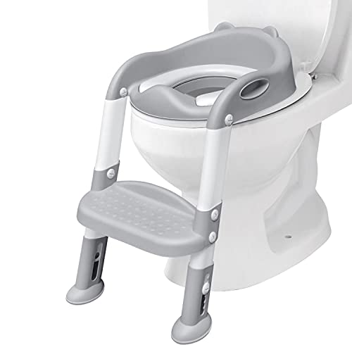 Potty Training Seat with Step Stool Ladder & Handles, Toddler Potty Training Seat Anti-Slip Pads Ladder, Kids Toilet Training Seat for Boys and Girls – Grey