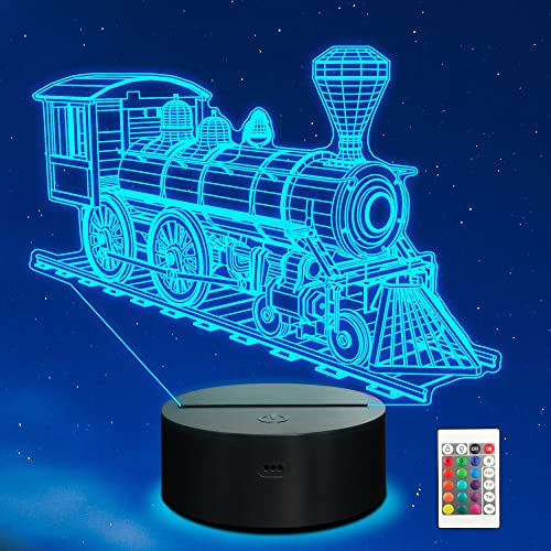 Ammonite Train Night Light, Steam Train 3D Illusion Lamp for Kids, 16 Colors Changing with Remote Control & Timer, Creative Birthday Xmas Gifts for Kids Boys Bedroom Decor