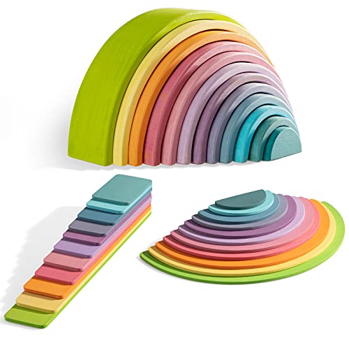 MERRYHEART Wooden Rainbow Stacker Set – Rainbow Stacking Toy Set with Rainbow Stacker, Semicircle, Building Board – Waldorf Wooden Open Ended Stacking Toys – Great for as Gift (Pastel Rainbow-3 Pack)