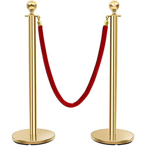 Stanchions Crowd Control Barriers Golden Stanchion with 5 Foot Red Velvet Rope Line Dividers for Party,Museums,Wedding 2PCS