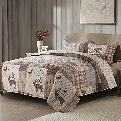 HoneiLife Queen Quilt Set – 3 Piece Cotton Bedspreads Luxurious Coverlet Lightweight Bed Cover Warm Bedding Set All Season Quilts-Moonglade, Brown